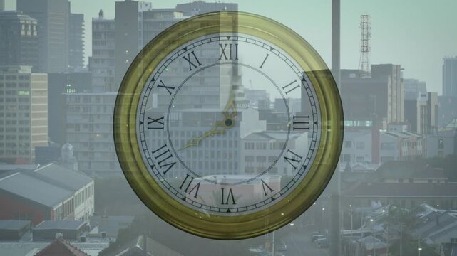 On play, clock hands rotating while rooftop silhouette walking and fading, visualizing elapsed time