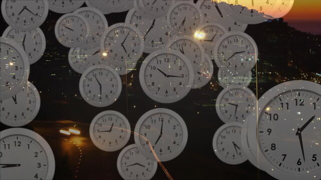 Overlay appearing, clocks floating, clustering and growing over night skyline, showing time passing