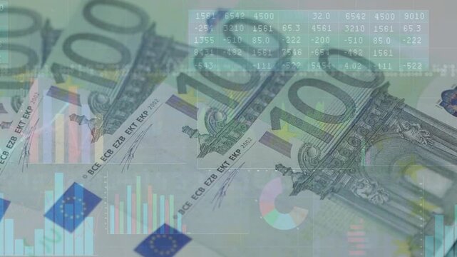 Hand entering frame and fanning 100-euro notes, aligning stacks while charts showing cash flow