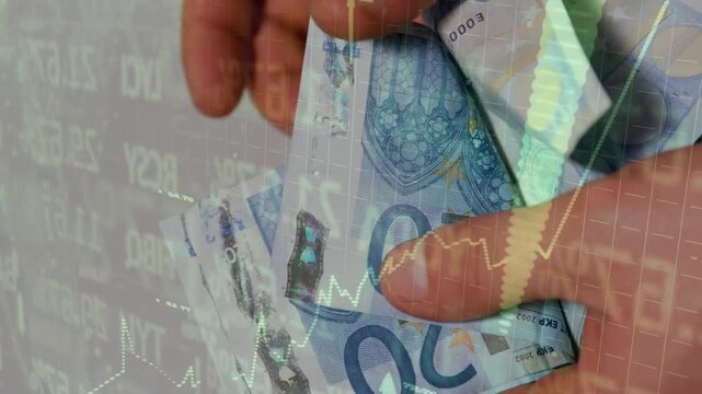 Thumb separating single 50 euro bill, hands fanning, sliding and stacking notes for finance display