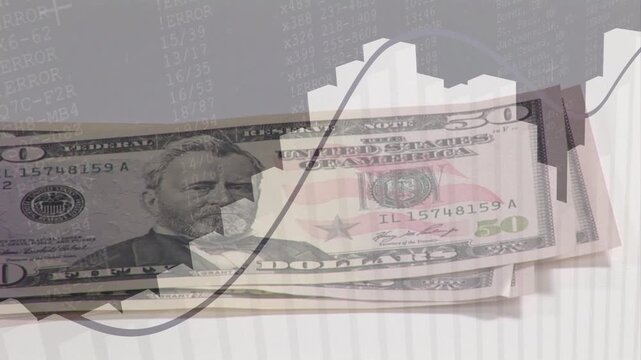 Hand entering, sliding along US $50 bill stack, fanning, flipping, shifting graphs showing trends