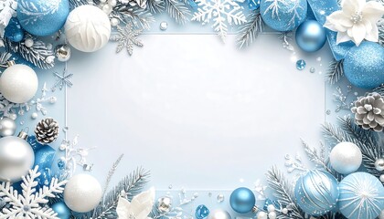 Winter holiday frame with icy blue and white ornaments, snowflakes, and pine branches