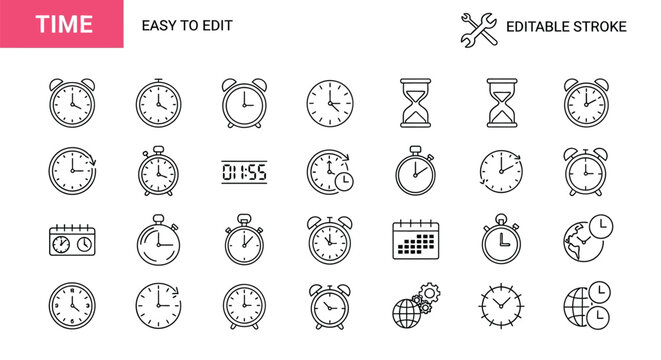 Time icon set easy to edit editable stroke clock alarm hourglass stop watch calendar worldwide time zone