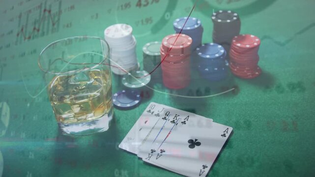 Camera shifting, card fan spreading, revealing royal flush, cash rolling in, charts tracing payoff