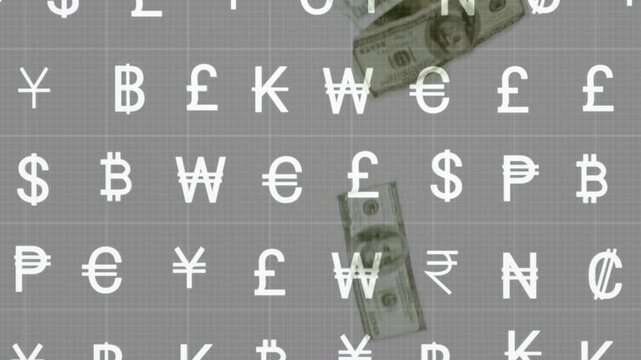 Single USD bill entering topright starting tumbling bills showing money flow over gray symbol grid