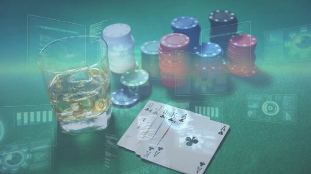 HUD fading in, face-down card revealing royal straight, chips stacking, cash sliding showing win