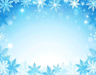 Winter scene of snowflakes framing a bright, blue gradient, with sparkles and bokeh effects