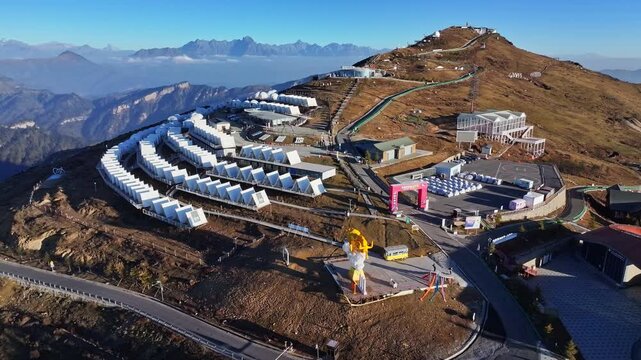 Aerial View of Niubeishan Mountain encampment at Sunrise