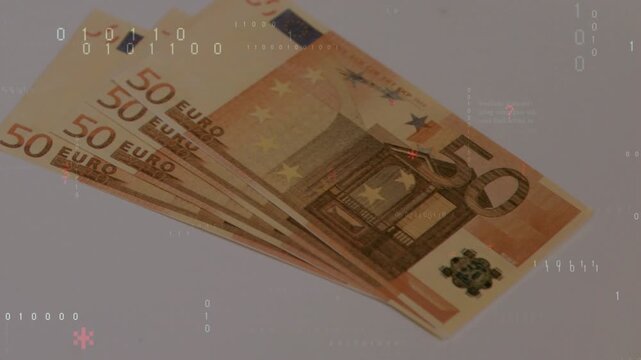 On start, stack of 50 euro banknotes sliding, fanning while code scrolling, visualizing finance