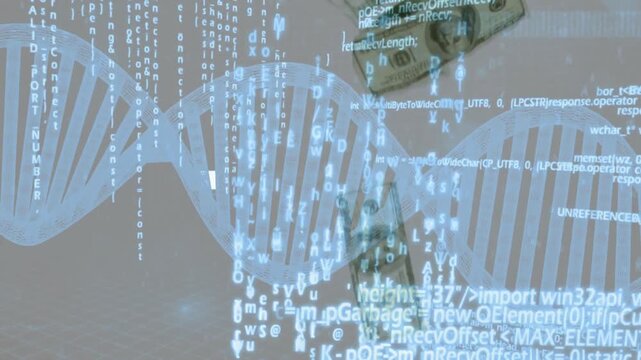 Dollar entering starting DNA helix bills falling morphing code wrapping showing money shaping genes