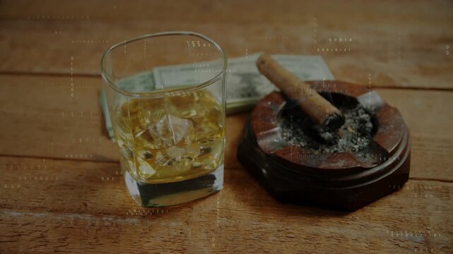Light pulsing causing glints, glass, bills, ashtray cigar releasing smoke, camera shifting for mood