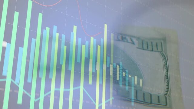 Grid appearing triggers bars rising and line sweeping, banknote sliding, showing layered money-data