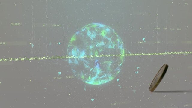 Holographic orb pulsing while coin entering from right edge, rolling and flipping, visualizing data