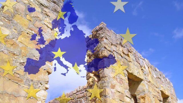 Europe map entering from left, enlarging while laying yellow stars over stone ruin, evoking flag