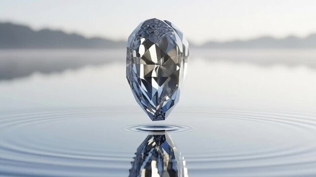 Crystal Heart Sculpture Floating on Calm Water Surface with Ripples