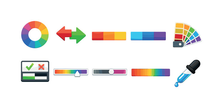 Color theory flat icon set. Palette, wheel, swatch, picker, gradient icons collection.