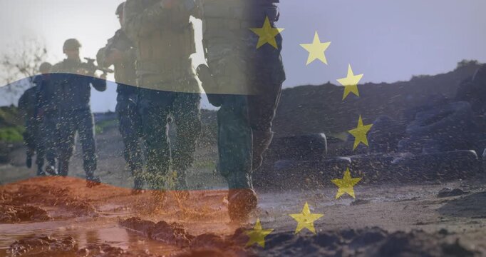 Military squad advancing on command during drill, mud track boots splashing, flag overlay blending