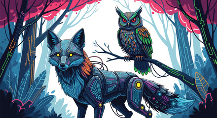 Cybernetic fox and futuristic owl guardians stand alert within a neon-lit digital forest setting