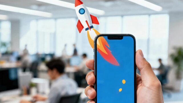 A person holds a mobile phone with a rocket icon launching upwards in a busy corporate office space.