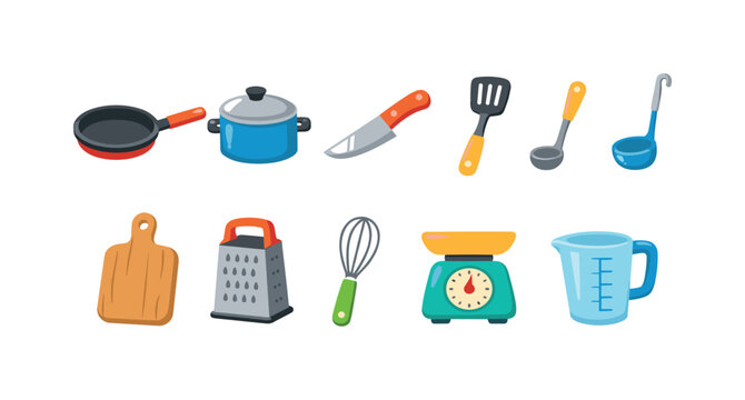Kitchen, cooking flat icon set. Essential cooking tools and utensils flat collection