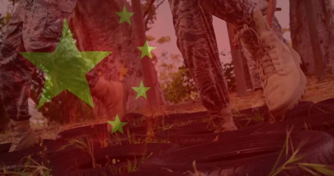 Military trainees starting on command, practicing drill in tire row under translucent flag overlay
