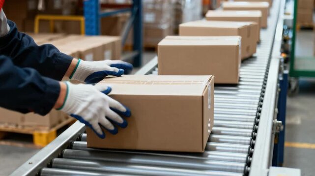 Warehouse worker in protective gloves placing cardboard boxes onto an automated roller conveyor.