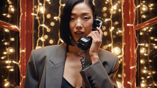 Woman in gray blazer talking on old-fashioned phone surrounded by festive lights.
