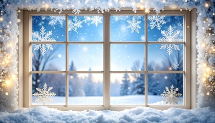 Winter wonderland scene viewed through a snow-covered window, snowflakes on glass