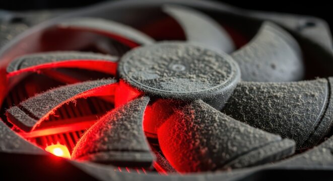 Close up shot reveals thick layer of dust covering an illuminated cooling apparatus