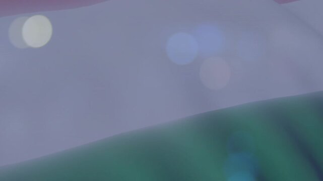 Lighting shift moving tricolor fabric folds sweeping, bokeh drifting, showing crease and red band