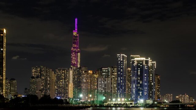 Ho Chi Minh City, Vietnam, June 23, 2025: Time lapse view of the famous Landmark 81 building from Vinhomes Central Park. Timelapse video.