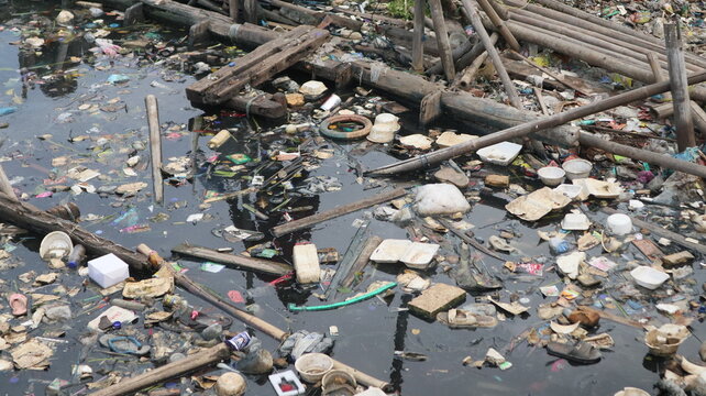 Various types of trash are scattered along the river towards the beach. This trash is dominated by non-biodegradable waste such as plastic and Styrofoam.