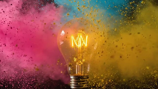 Glowing Light Bulb with Colorful Smoke and Paint Explosion Background Idea Concept