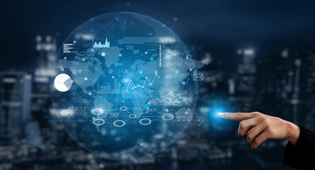 Fototapeta premium Global business data analysis and market research report. Using analytics and statistics for insight into the worldwide economy and business strategy. Motif