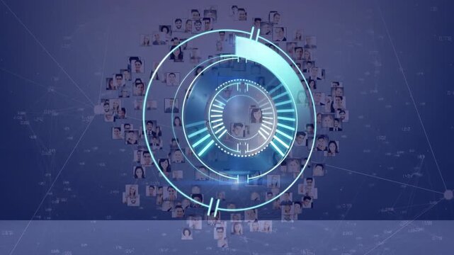 Portraits in network ring, HUD sweeping arc, highlighting candidates for recruitment in tech UI