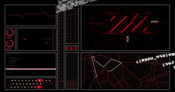 Scrolling code sweeping diagonally red-black HUD updating readouts map polygon growing showing data