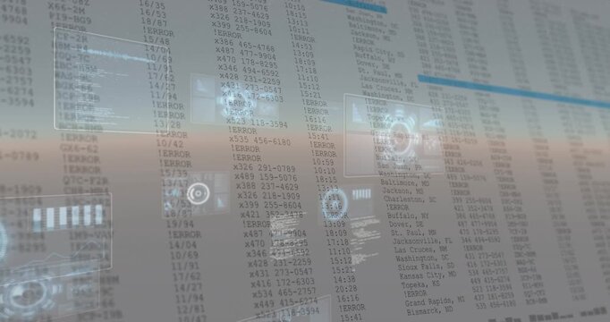 Translucent panel emerging from light band, sliding columns and HUD windows showing data