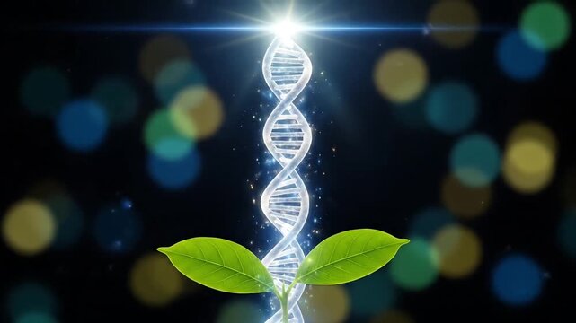 Glowing D N A Helix Emerging from Soil with Green Leaves Genetic Engineering Concept with Bokeh