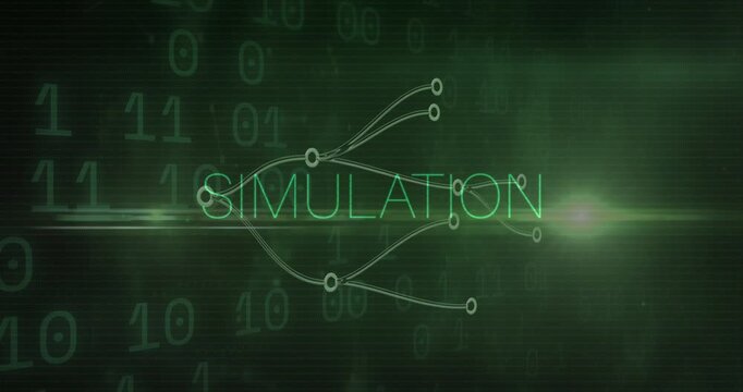 Glitch sweeping frame starting SIMULATION diagram animating nodes sliding light illuminating title