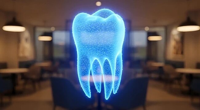 Glowing Blue Tooth Model in Modern Cafe Setting Dental Health Concept with Blurred Background