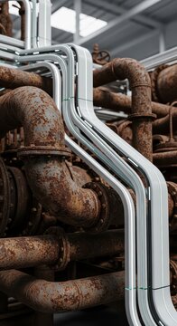 Modern conduits run parallel to heavily corroded industrial piping in an interior mechanical setting.