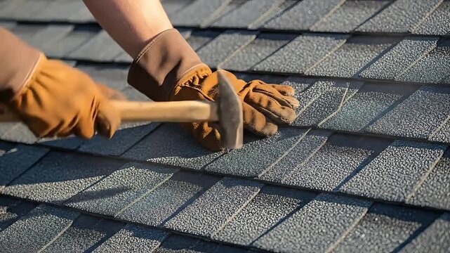 Gloved hands installing asphalt shingles on roof with hammer