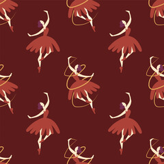 Obraz premium Adorable ballet themed seamless pattern featuring charming ballerina characters. Repeating design with tutu dresses and graceful poses, perfect for kids fabric, nursery wallpaper, wrapping pape