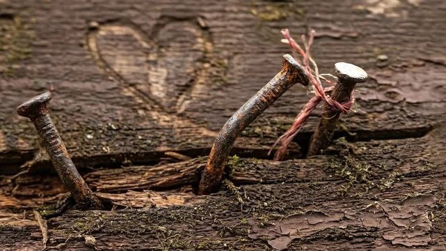 Three Old Iron Nails on Weathered Rustic Wood