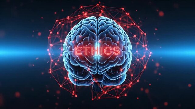 Glowing Blue Brain with Red Network Connections and E T H I C S Text Overlay Conceptual