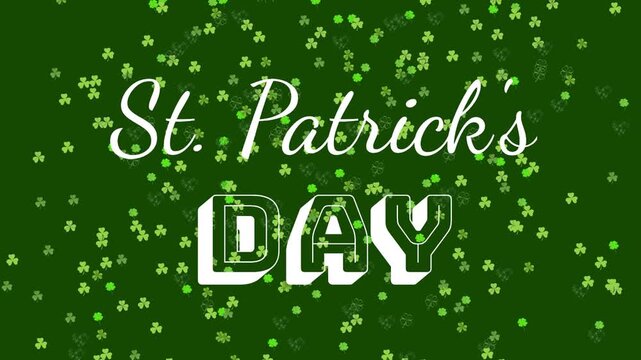 Emitter releasing shamrocks, clovers drifting over center title, forming festive St