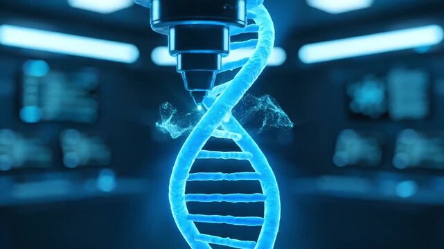 Glowing Blue D N A Double Helix Model in Laboratory Setting with Microscope