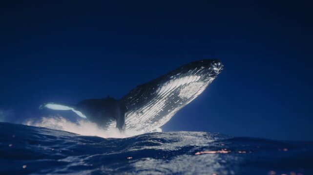 Underwater view of giant majestic humpback whale swimming and waving its pectoral fin and tail. Wildlife marine mammal animals nature. Undersea world. Young whale upside down touch wave water surface