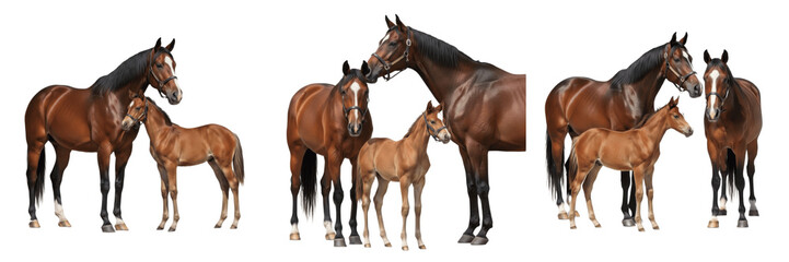 Fototapeta premium Set of Realistic Horse Family Groups with Foal Isolated on White Background PNG
