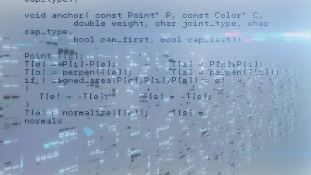 Camera panning right, translucent code scrolling, tiles glowing and receding, visualizing data wall